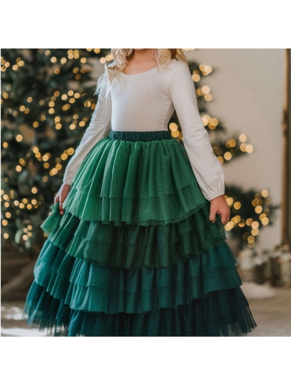 Only Little Once Girl’s Long Tiered Green Ruffle Tulle Skirt, Size 5